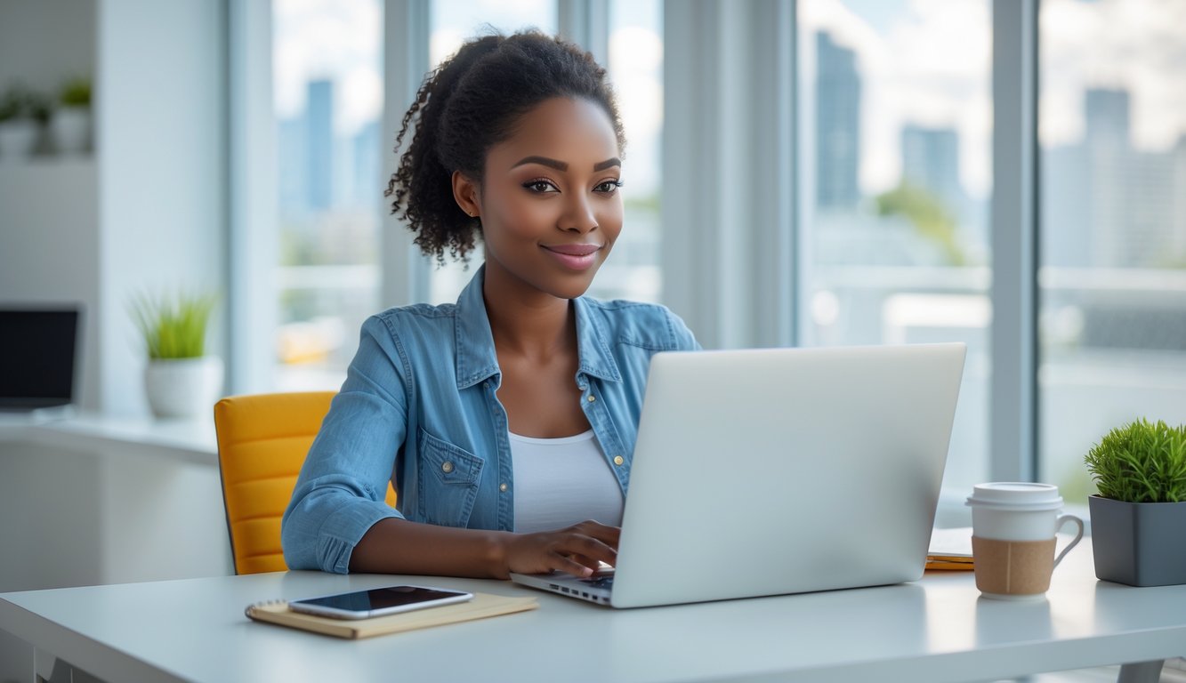 Seorang wanita muda duduk di meja kerja dengan laptop, terlihat fokus dan optimis di ruang kantor rumah yang terang dengan jendela besar dan pemandangan kota di latar belakang.