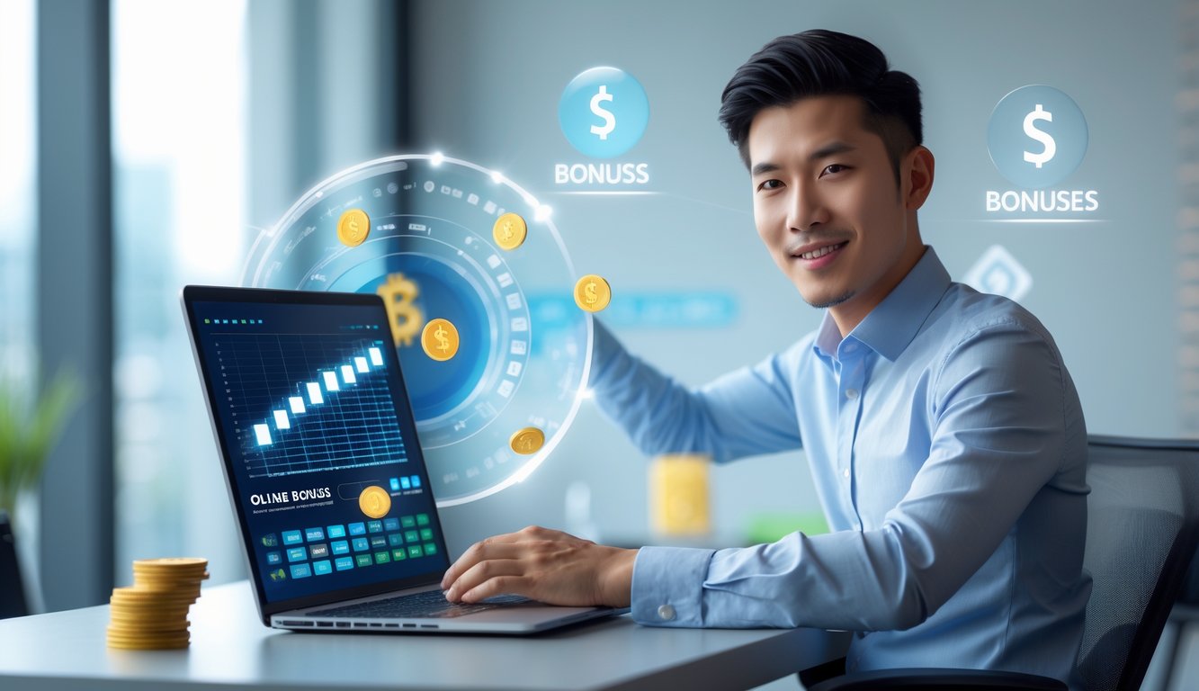 Seorang pria muda duduk di meja kerja menggunakan laptop dengan grafik digital di layar, di ruangan kantor yang terang dan rapi.