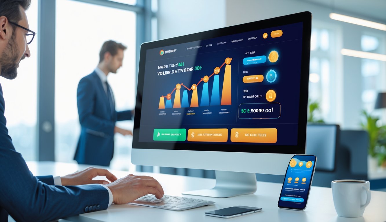 Seorang profesional menggunakan komputer dengan tampilan situs togel online yang menampilkan grafik dan ikon bonus di ruang kantor yang terang dan rapi.