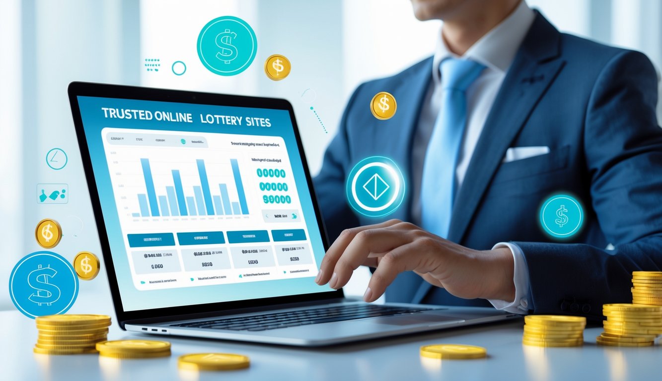 Seorang pria memakai jas sedang menggunakan laptop dengan tampilan antarmuka lotere digital, dikelilingi oleh simbol pembayaran cepat dan bonus, di ruang kerja yang bersih dan terang.