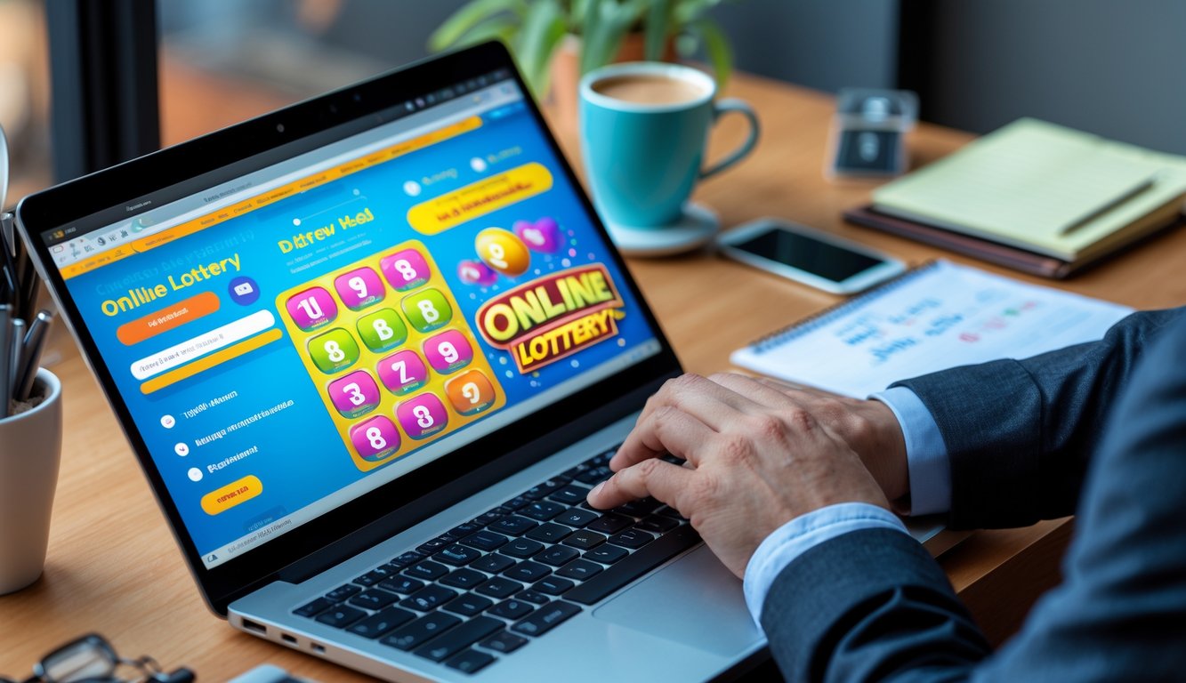 Seorang pengguna sedang bermain togel online di depan laptop di meja kerja dengan kopi dan ponsel di sampingnya.