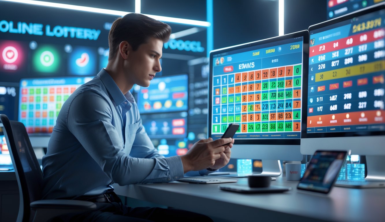 Seorang dewasa muda duduk di depan beberapa monitor komputer yang menampilkan angka togel dan grafik, menggunakan ponsel dan laptop di lingkungan digital modern.