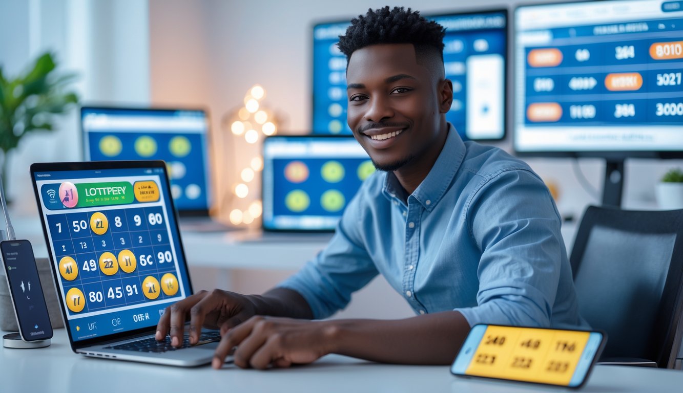 Seorang dewasa muda duduk di meja dengan laptop dan ponsel, menampilkan antarmuka taruhan togel online di ruangan yang terang dan modern.