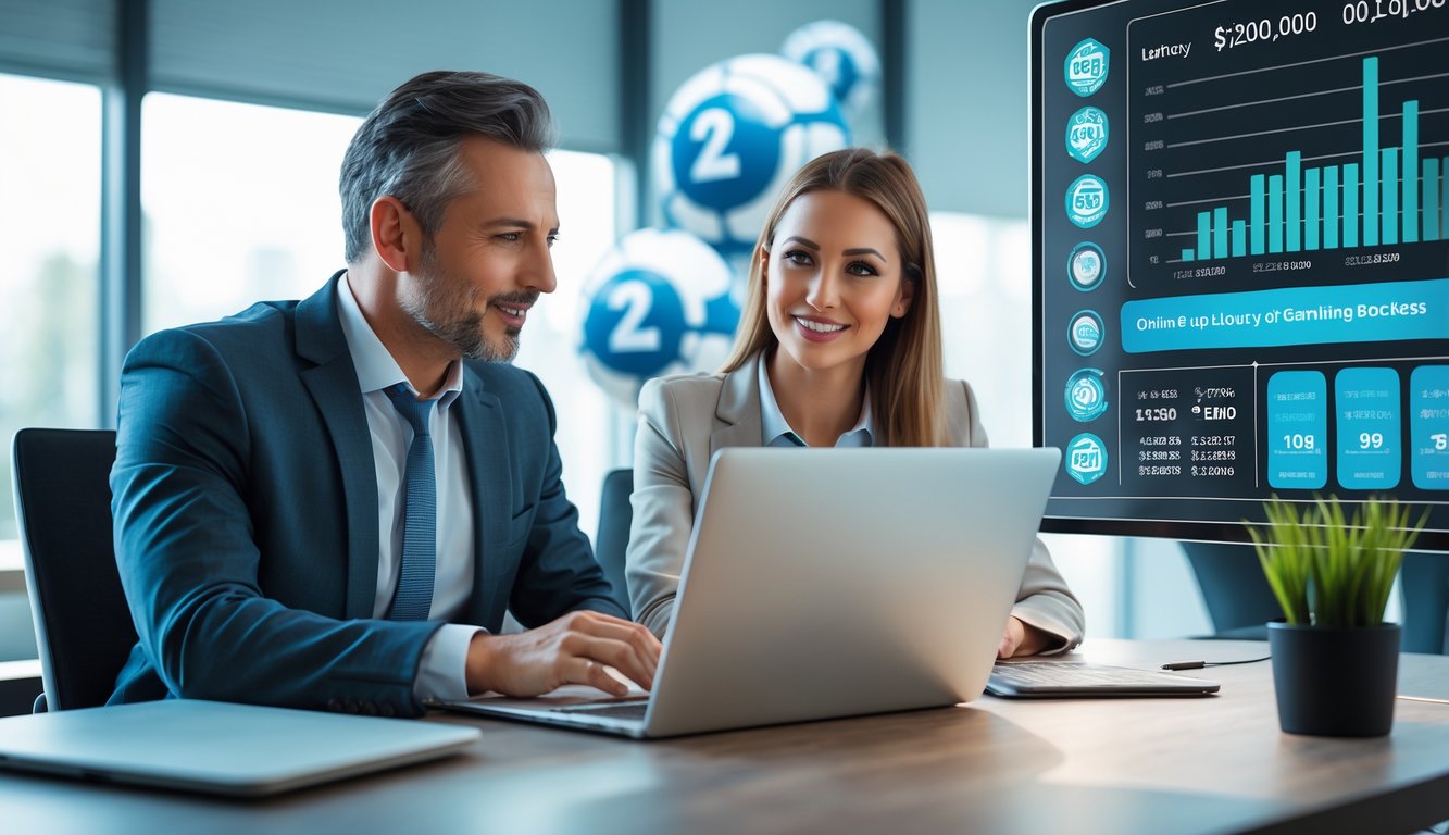 Dua profesional bisnis sedang berdiskusi di depan laptop di kantor modern dengan grafik dan simbol terkait taruhan online di latar belakang.