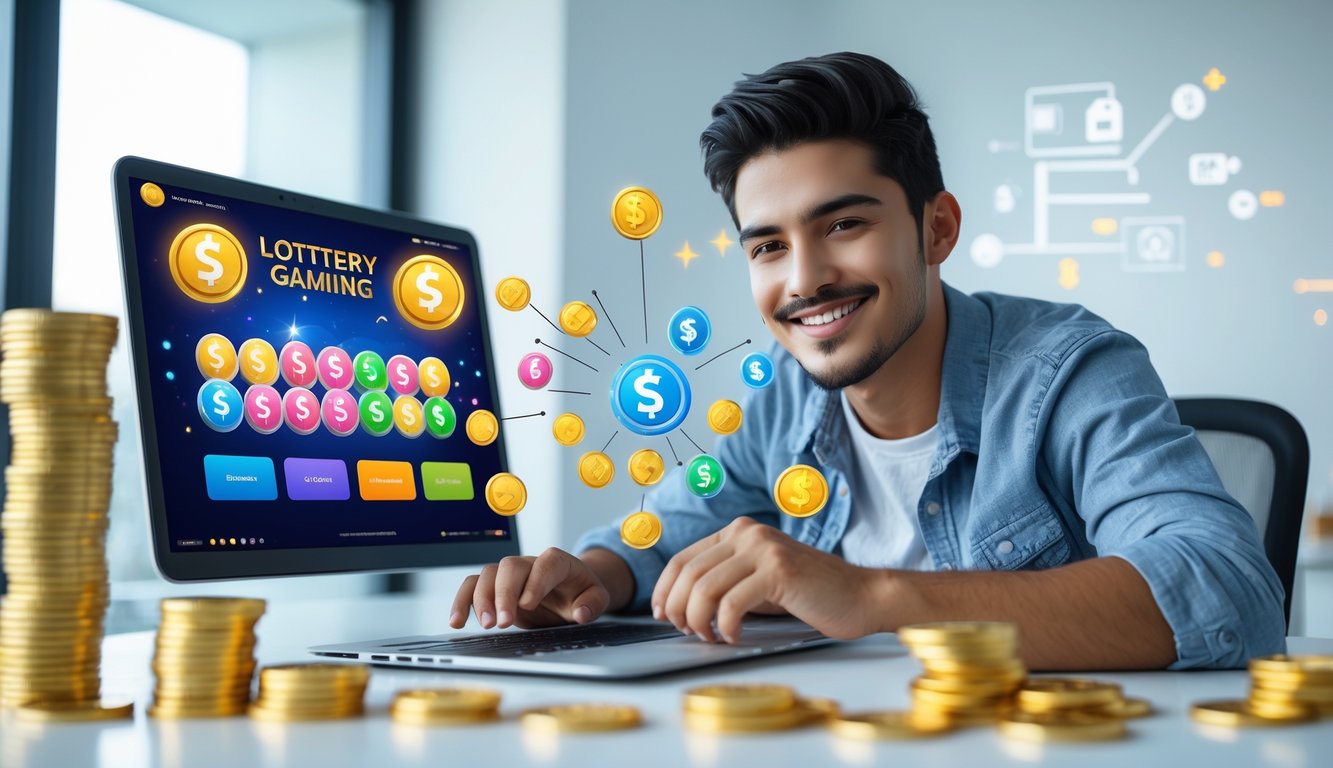 Seseorang duduk di depan laptop di meja kerja dengan tumpukan uang dan koin emas di sekitarnya, terlihat bahagia dan percaya diri saat menggunakan permainan togel online.