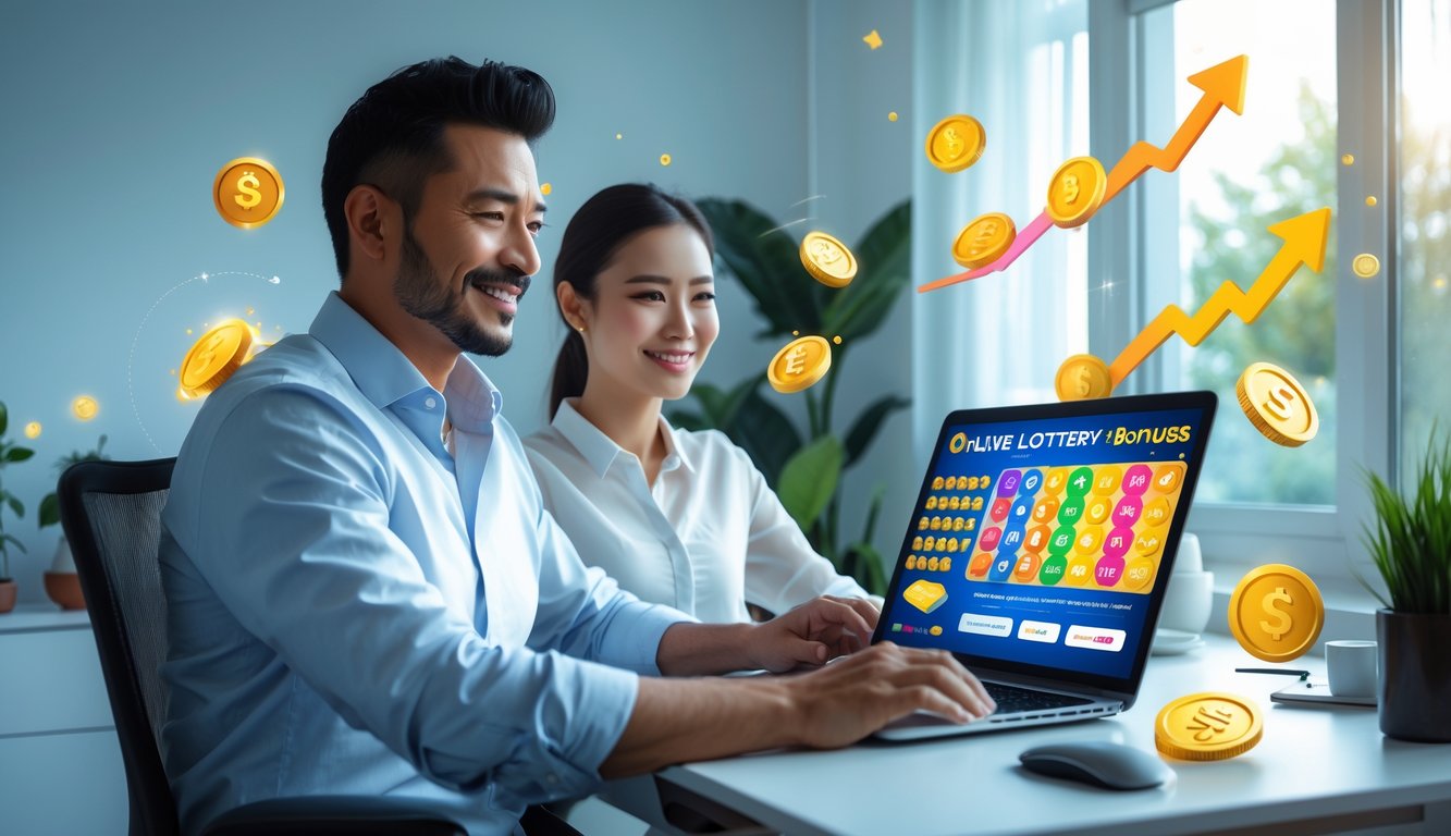 Dua orang dewasa sedang menggunakan laptop di meja kerja di rumah, dengan suasana cerah dan elemen grafis koin dan ikon bonus di sekitar mereka.