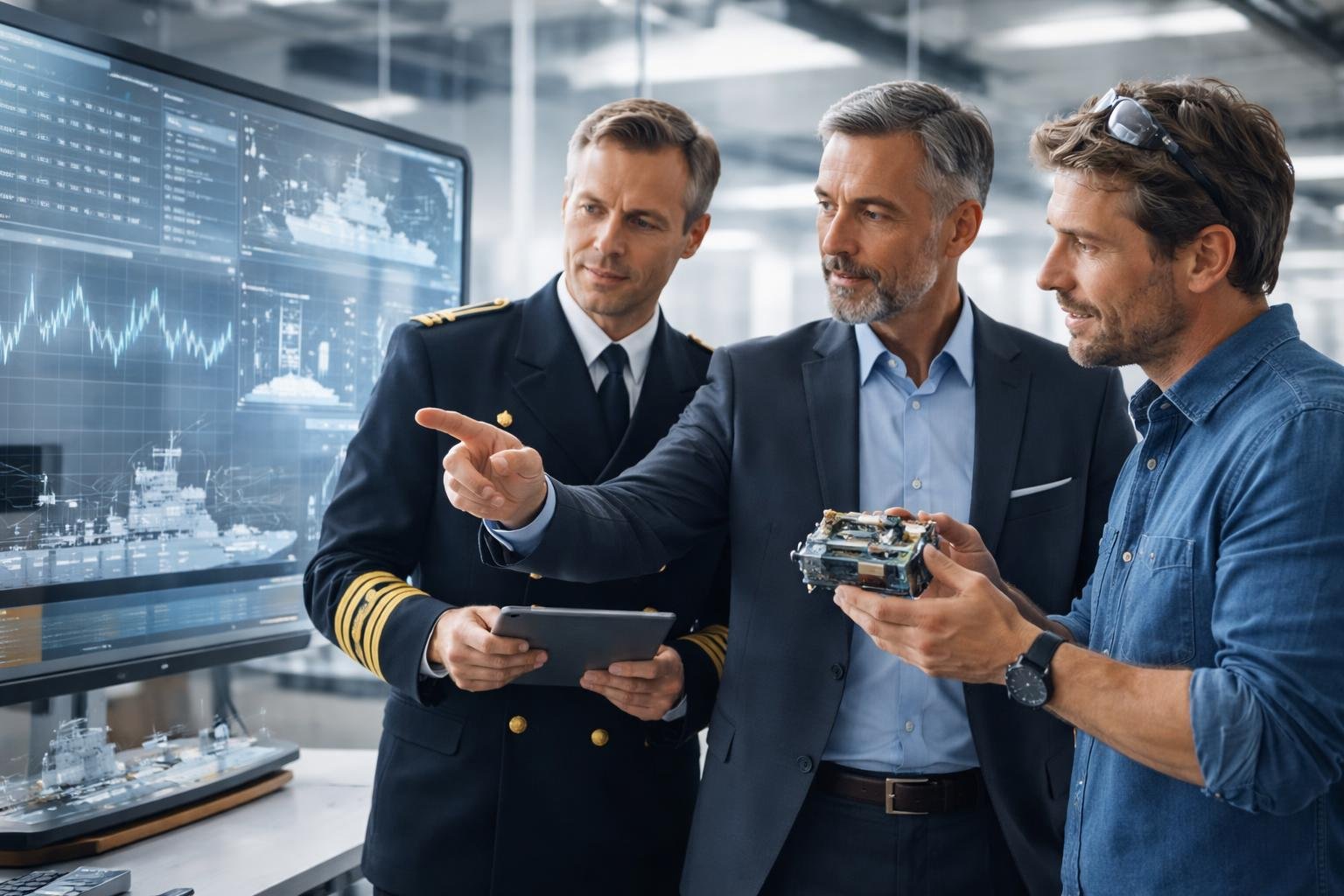 Un officier de marine, un stratège industriel et un inventeur collaborent autour d'un écran transparent dans un bureau moderne.