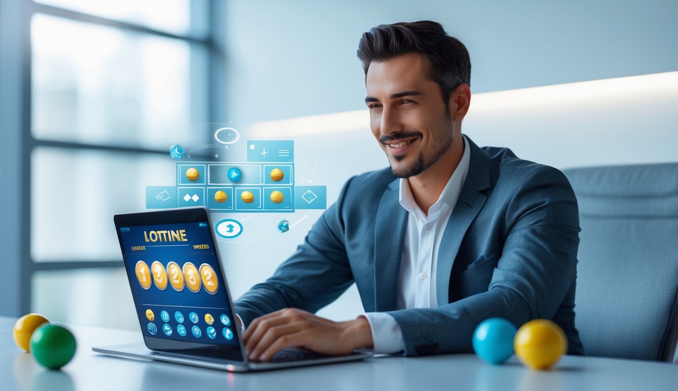 Seorang pria duduk di meja kantor modern menggunakan laptop dengan tampilan antarmuka lotere digital, tampak fokus dan puas.
