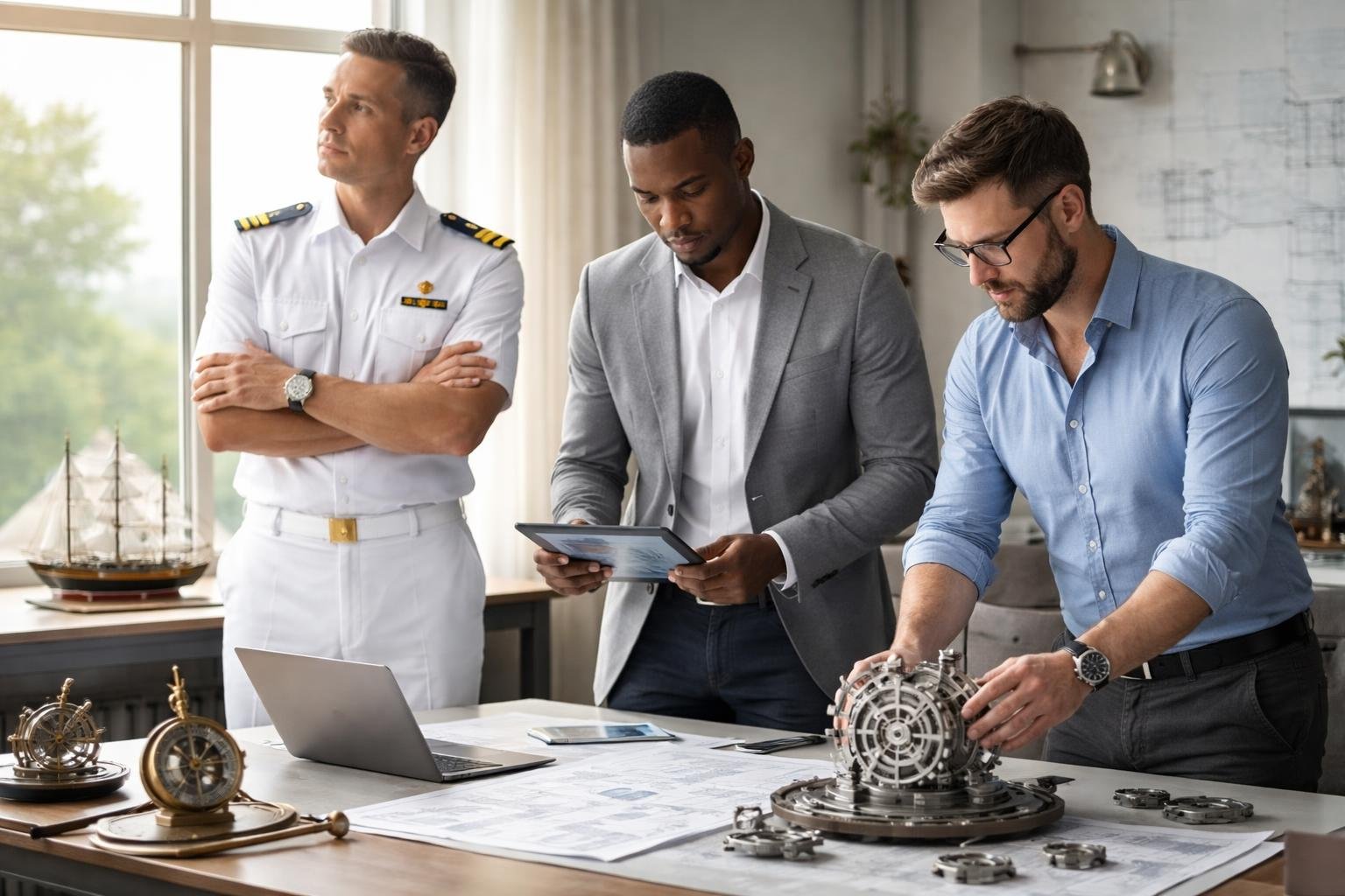 Trois hommes représentant un officier de marine, un stratège industriel et un inventeur collaborent dans un bureau lumineux et calme, entourés d'éléments nautiques et industriels.