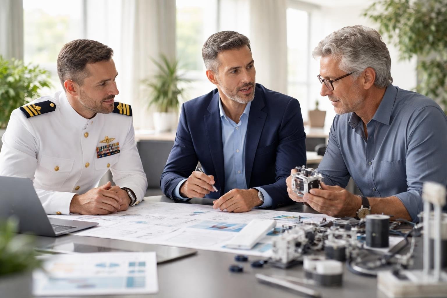 Trois hommes représentant un officier de marine, un stratège industriel et un inventeur discutant ensemble dans un espace de travail lumineux et calme.