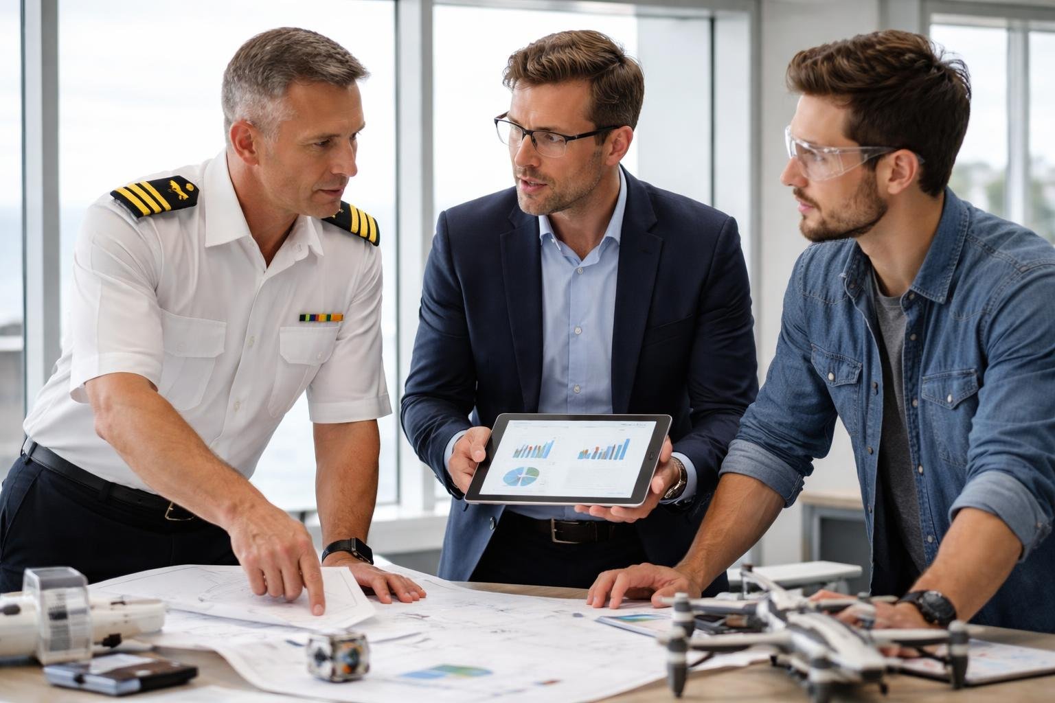 Trois professionnels discutant sérieusement dans un bureau lumineux avec vue sur l'océan, comprenant un officier de marine, un stratège industriel et un inventeur entouré de prototypes.