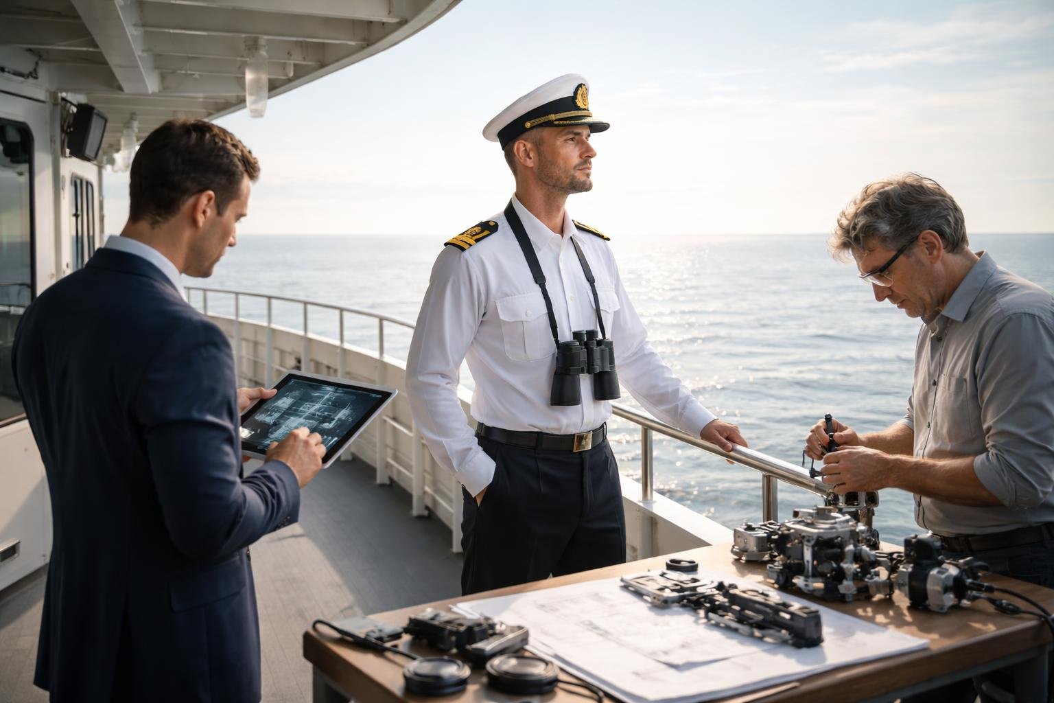 Un officier de marine, un stratège industriel et un inventeur sur un bateau, regardant l'horizon sur une mer calme.