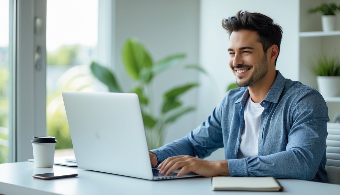 Seorang pria muda duduk di meja kerja dengan laptop, tersenyum dan terlihat percaya diri di ruang kerja rumah yang terang dan rapi.