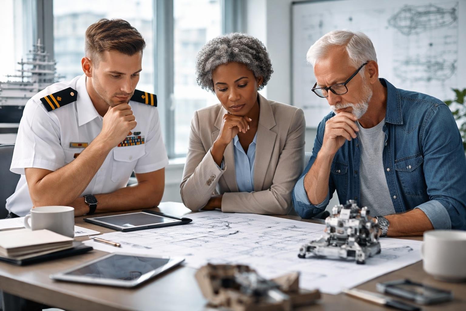 Trois professionnels réfléchissent ensemble dans un bureau lumineux avec des plans et des modèles, symbolisant la collaboration entre un officier de marine, un stratège industriel et un inventeur.