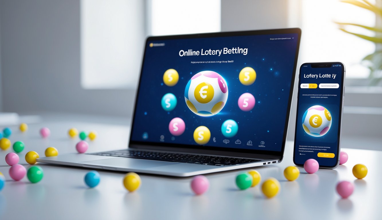 Meja kerja dengan laptop dan ponsel yang menampilkan aplikasi taruhan togel, serta bola togel berwarna-warni di atas meja.