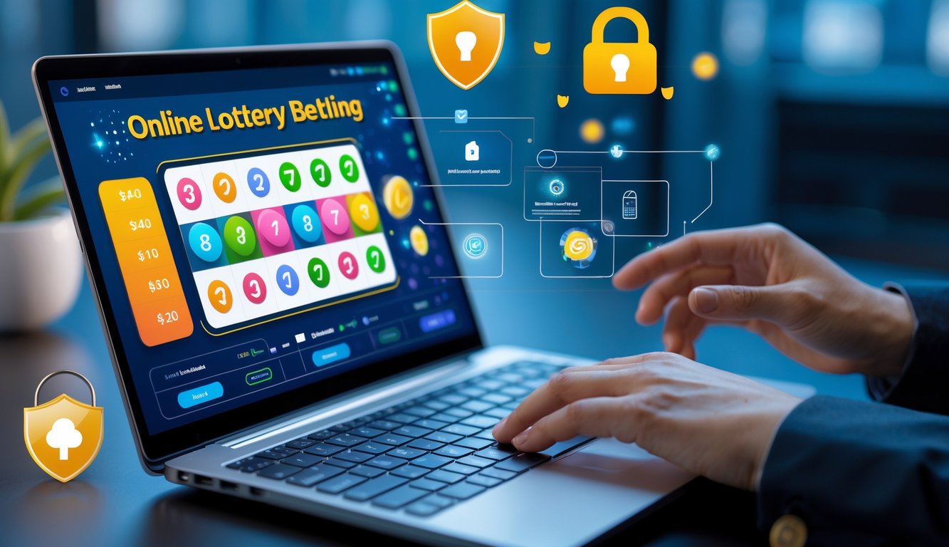 Orang menggunakan laptop di meja kerja dengan tampilan antarmuka taruhan togel online di layar.