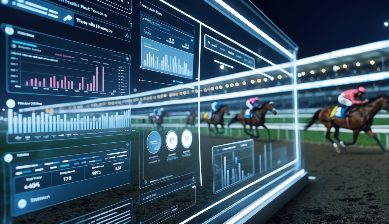 Antarmuka digital modern dengan data balap kuda dan latar belakang balapan kuda malam hari di lintasan yang terang.