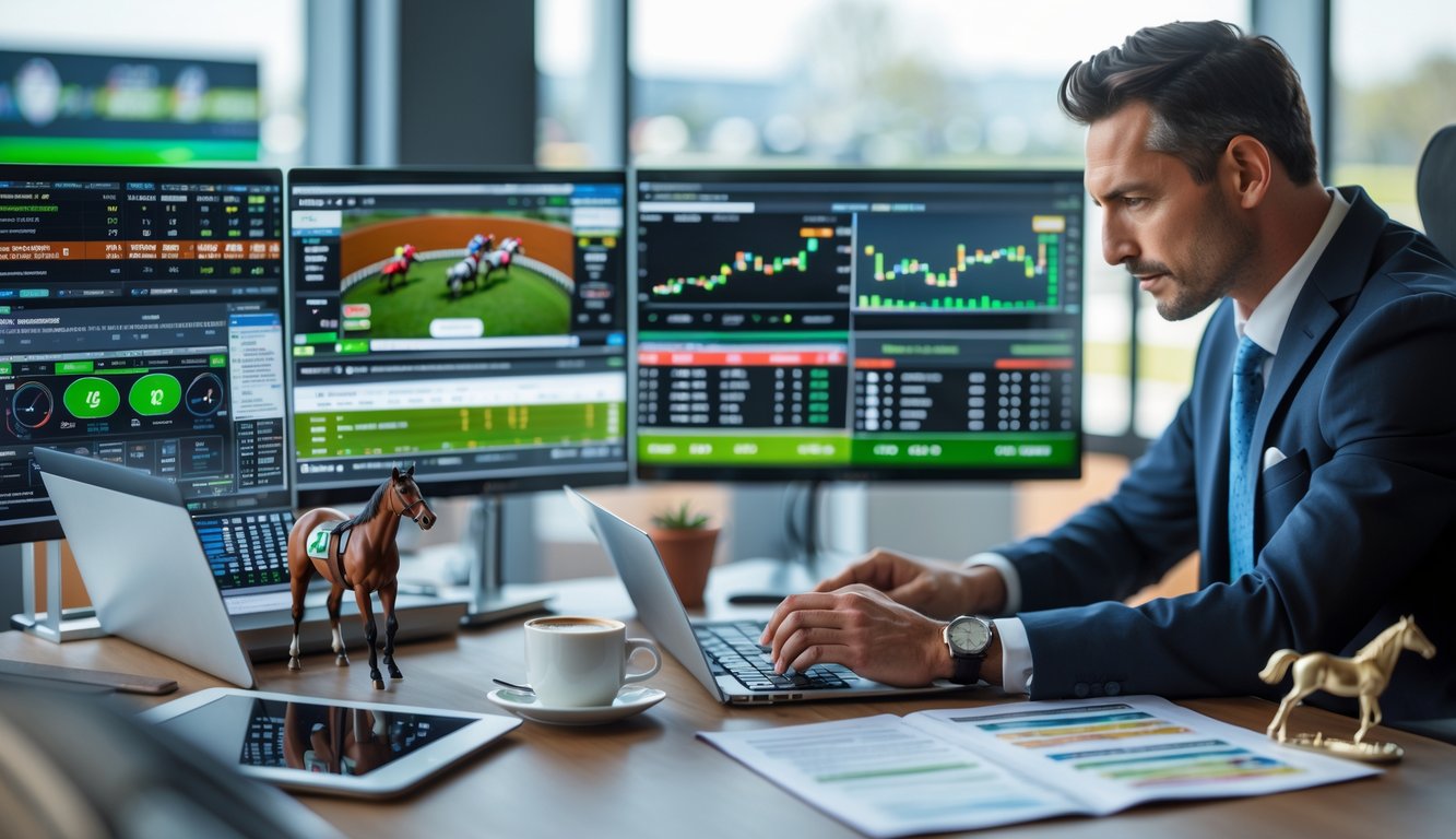 Seorang profesional sedang menganalisis data balap kuda di depan beberapa layar komputer di kantor modern.