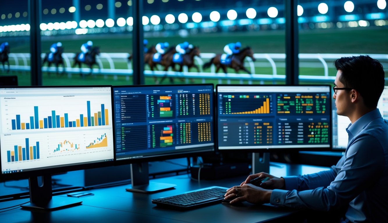 Seorang analis data sedang melihat layar komputer dengan grafik dan statistik balap kuda, sementara latar belakang menunjukkan kuda dan joki sedang berlomba di lintasan malam hari.