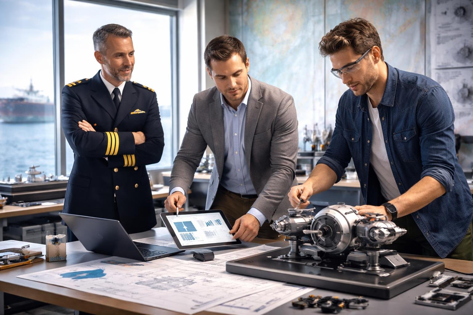 Un officier de marine, un stratège industriel et un inventeur travaillent ensemble dans un espace moderne avec vue sur la mer.
