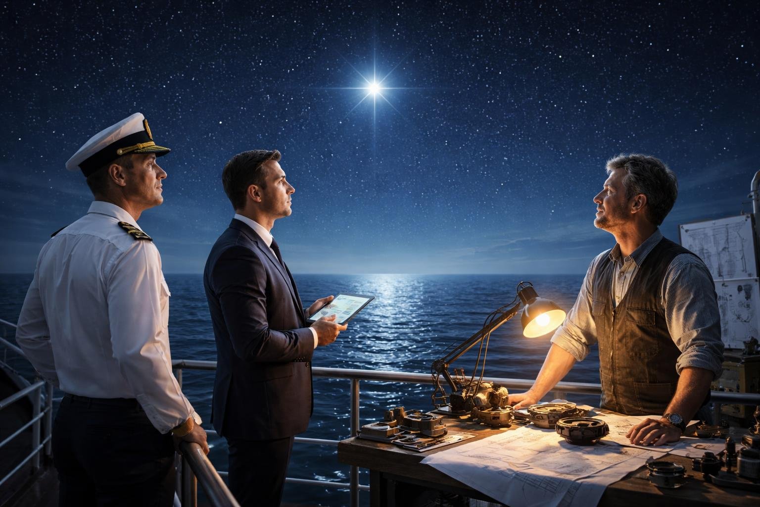 Un officier de marine, un stratège industriel et un inventeur regardent une étoile brillante immobile dans le ciel nocturne au-dessus de la mer.