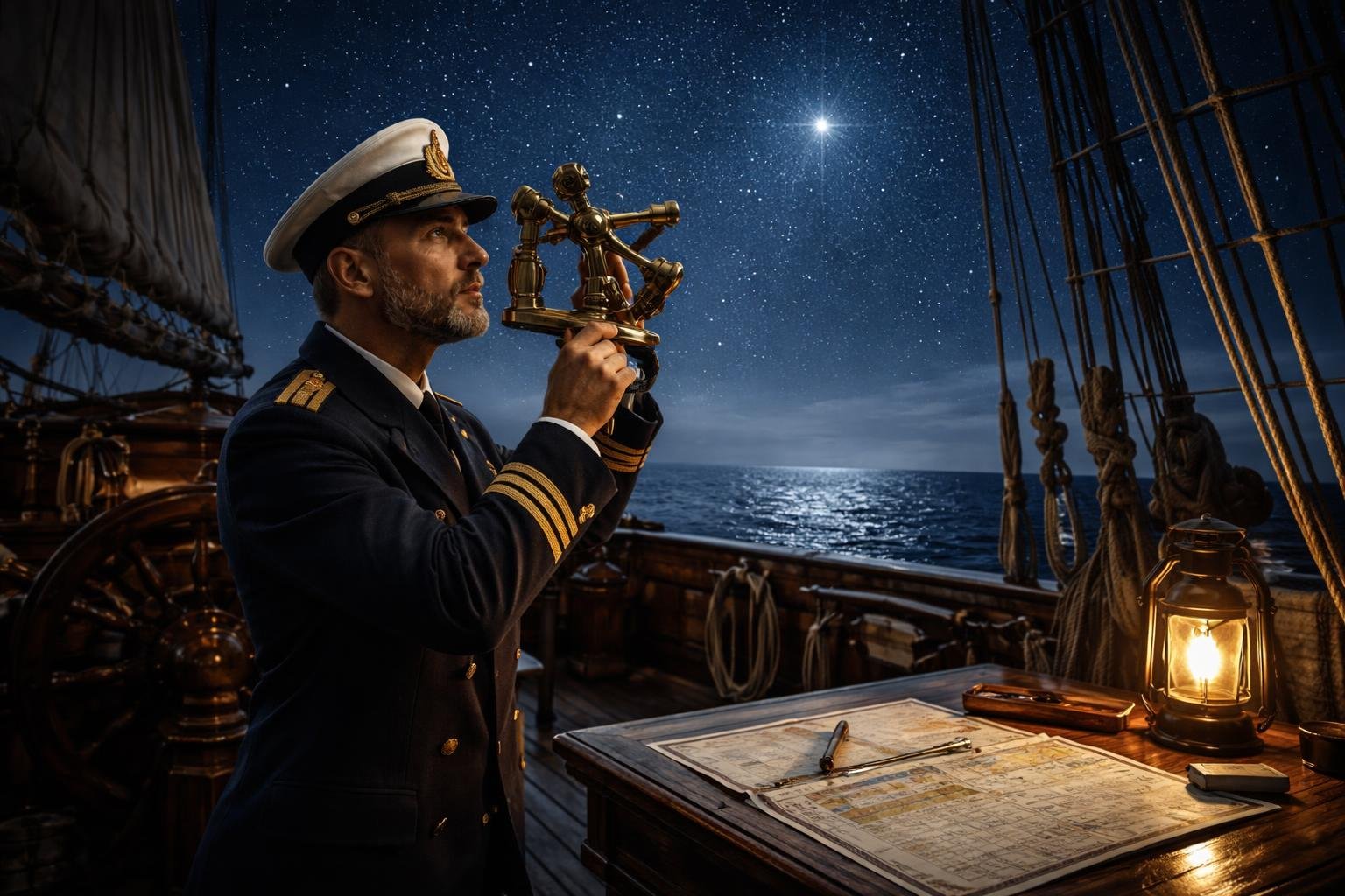 Un officier de marine sur le pont d'un voilier la nuit, utilisant un sextant pour observer une étoile brillante dans un ciel étoilé au-dessus de la mer calme.