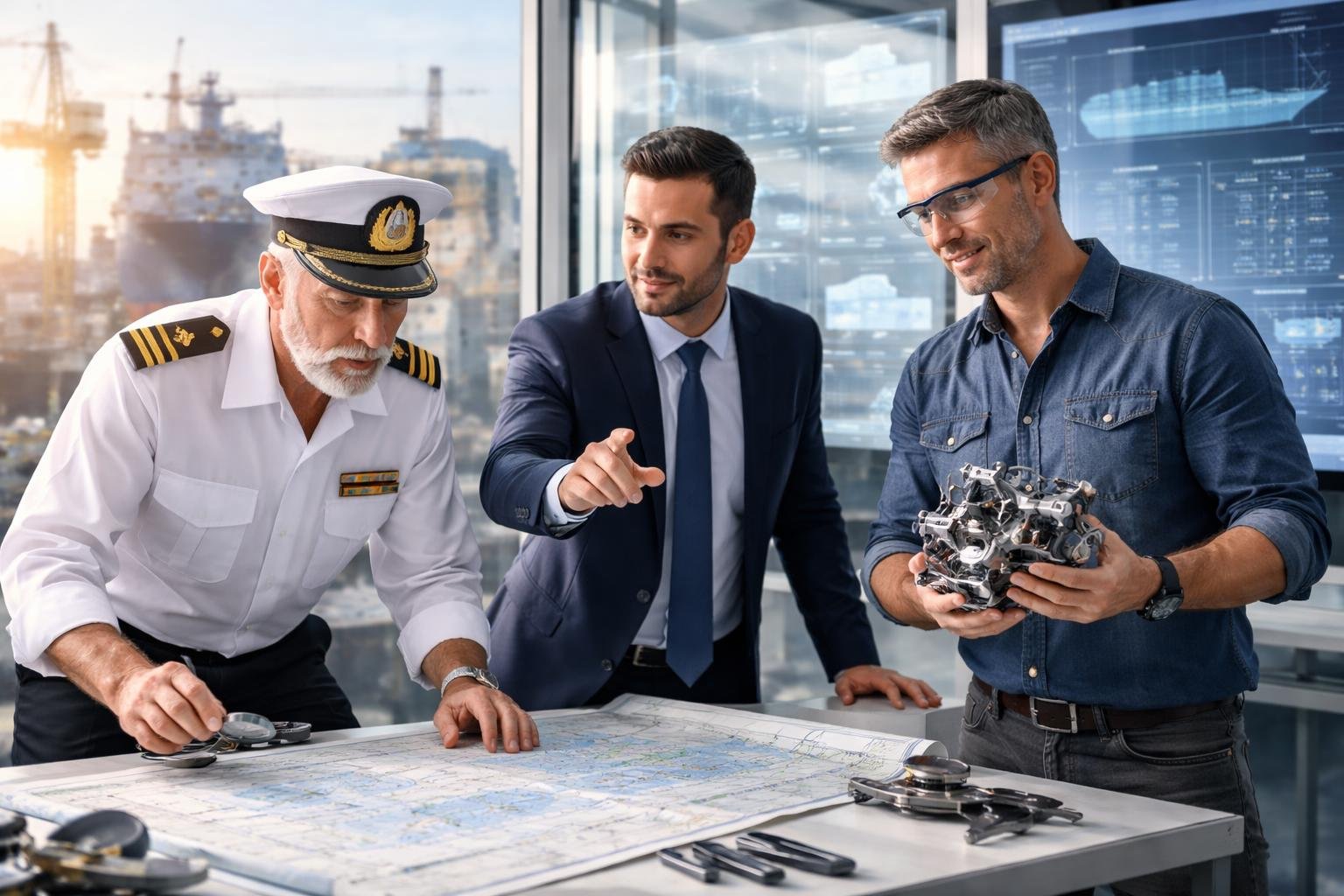Un officier de marine, un stratège industriel et un inventeur collaborent en examinant des plans et des prototypes dans un environnement combinant un chantier naval et un bureau moderne.