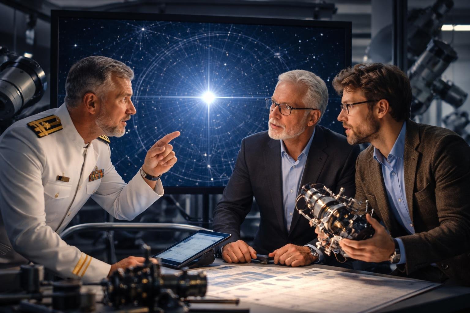 Trois hommes professionnels discutent autour d'instruments astronomiques et d'une carte des étoiles montrant une étoile fixe.