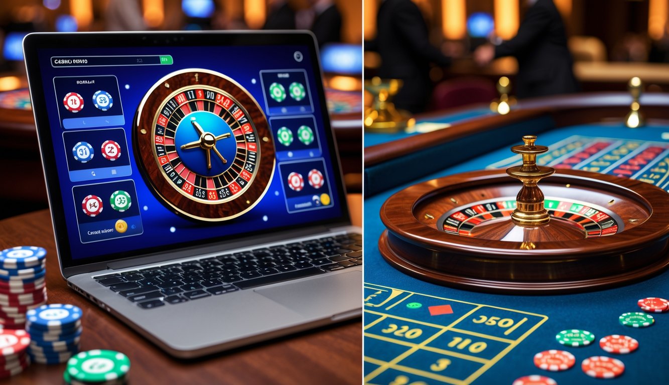 Gambar yang menunjukkan perbandingan antara roulette online di layar laptop dan roulette kasino di meja fisik dengan roda roulette dan chip.