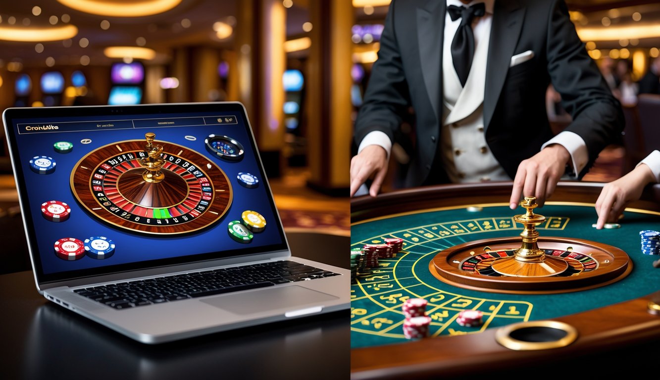Gambar yang menunjukkan perbandingan antara roulette online di laptop dan roulette kasino dengan meja dan roda roulette fisik serta pemain dan bandar.