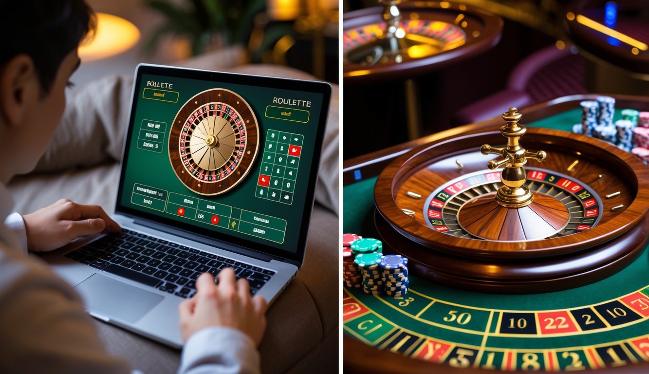 Sebuah gambar yang memperlihatkan perbandingan antara roulette online dengan seseorang menggunakan laptop dan roulette kasino dengan meja roulette dan dealer di kasino.