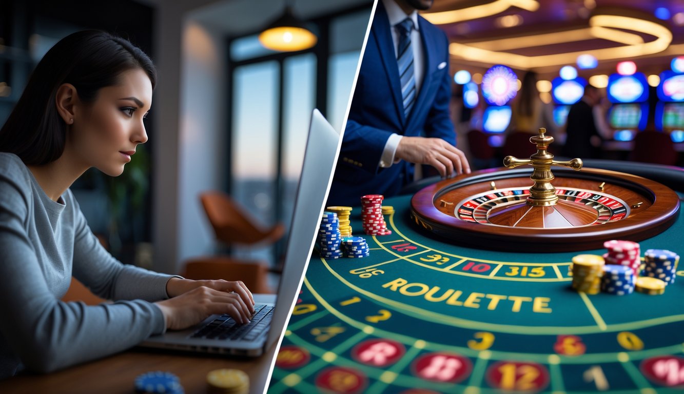 Seseorang bermain roulette online di laptop di rumah dan suasana meja roulette di kasino dengan dealer dan pemain lainnya.