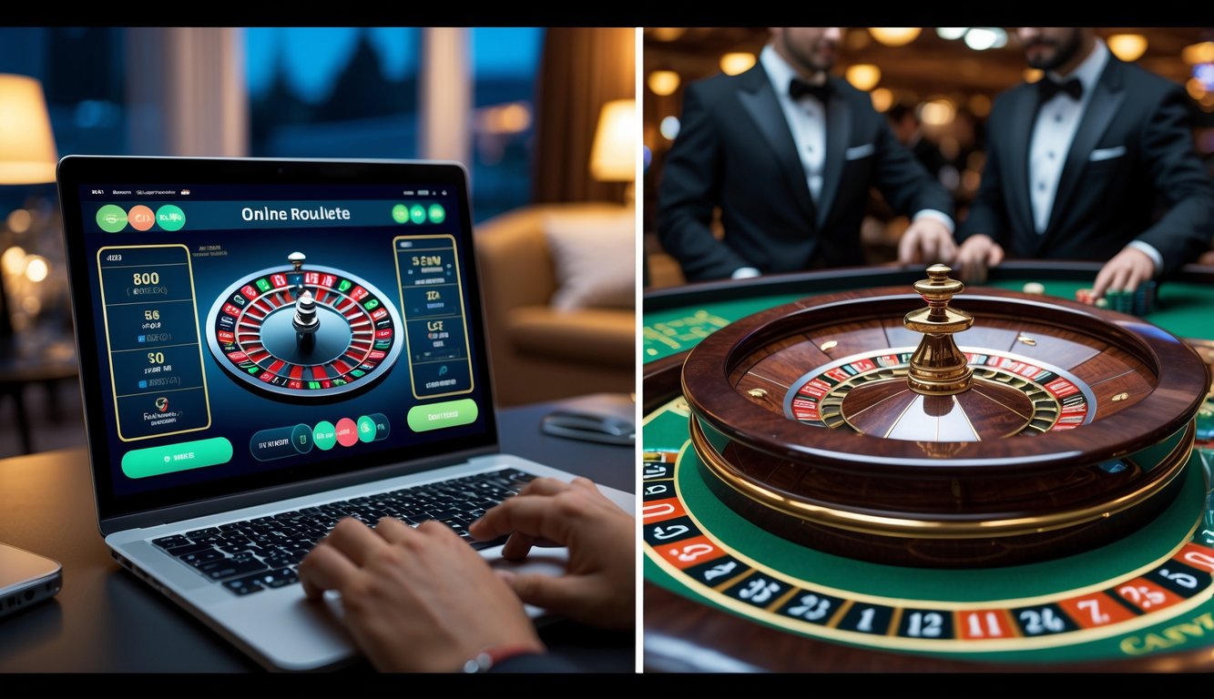 Gambar yang menunjukkan perbedaan antara permainan roulette online di laptop dan roulette tradisional di kasino dengan dealer dan pemain.