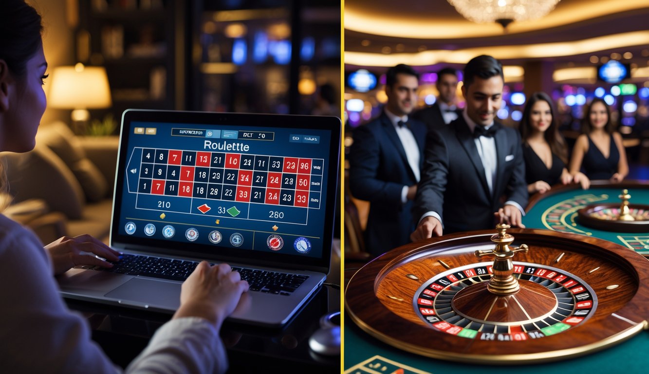 Seseorang bermain roulette online di laptop di rumah di sebelah kiri, dan suasana kasino tradisional dengan meja roulette dan pemain di sebelah kanan.