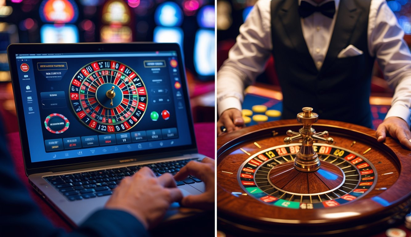 Seseorang bermain roulette online di laptop di sebelah kiri dan meja roulette nyata dengan croupier di kasino di sebelah kanan.