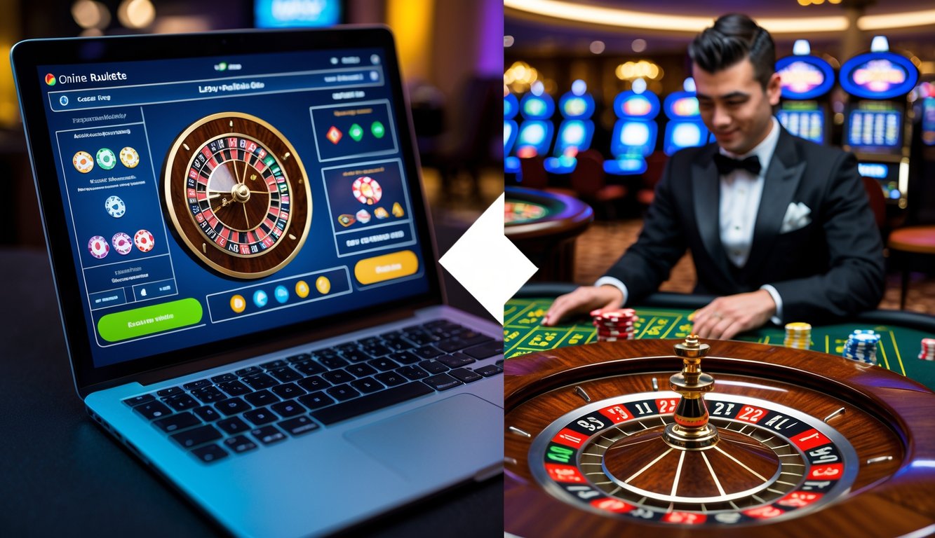 Gambaran perbandingan antara roulette online di layar komputer dan roulette kasino dengan meja dan dealer di latar belakang.