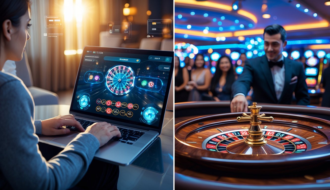 Seseorang bermain roulette online di laptop di rumah, dan dealer mengoperasikan roda roulette di kasino dengan pemain menonton.