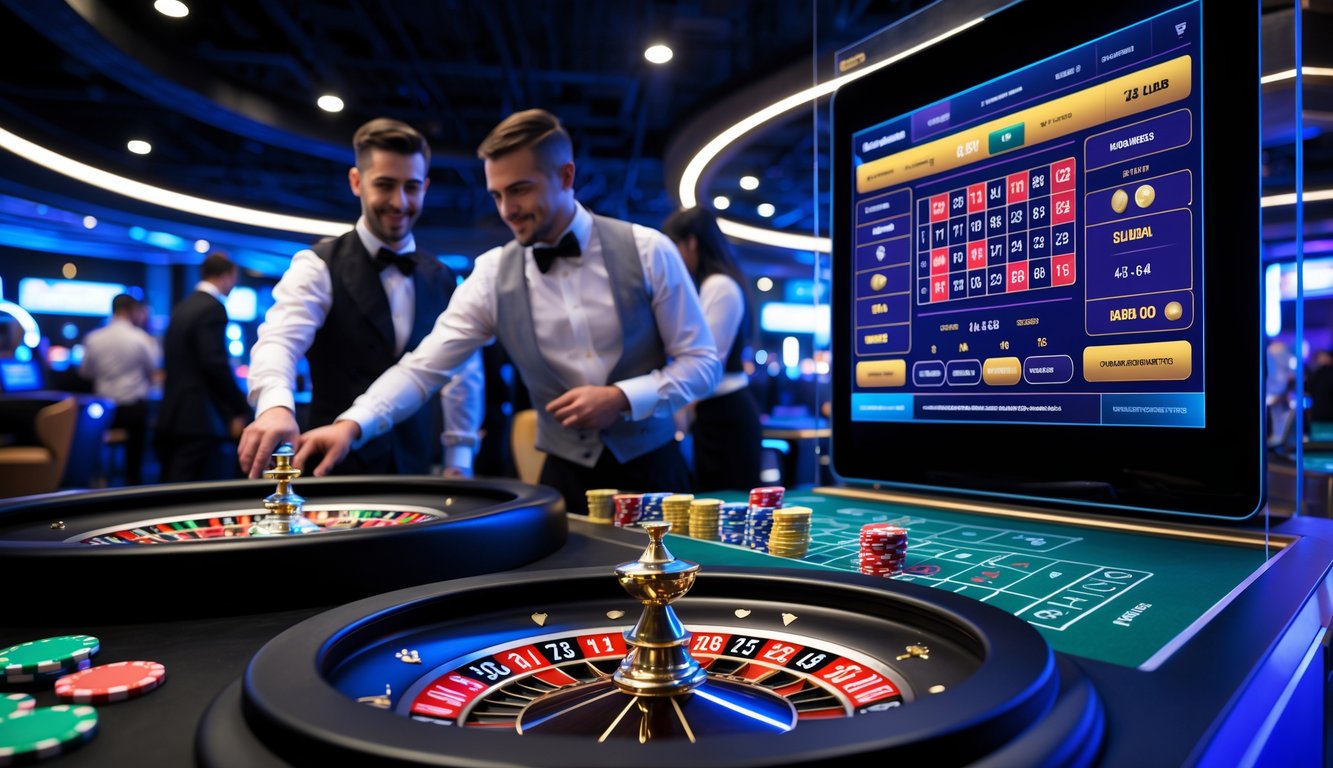Suasana kasino modern dengan meja roulette fisik dan layar digital yang menampilkan permainan roulette online secara berdampingan.