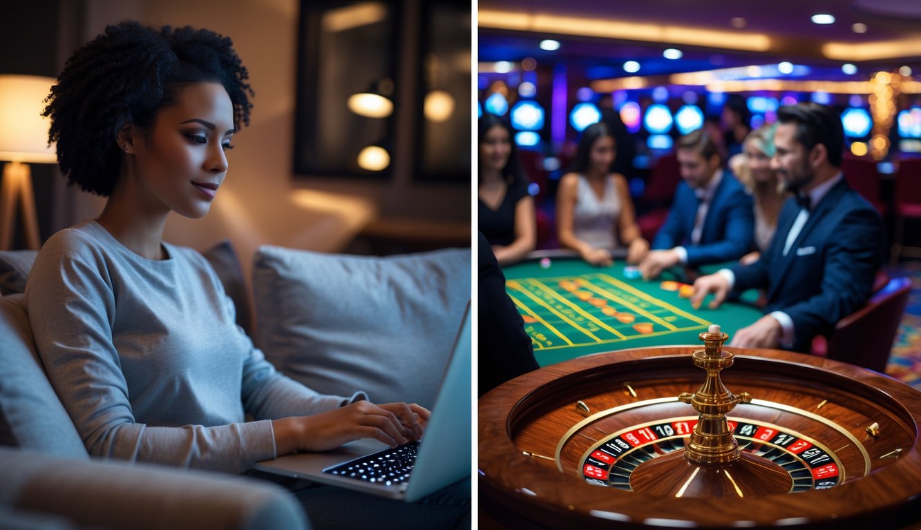 Seorang pemain bermain roulette online di rumah dengan laptop, di sisi lain meja roulette di kasino dengan dealer dan pemain lain.