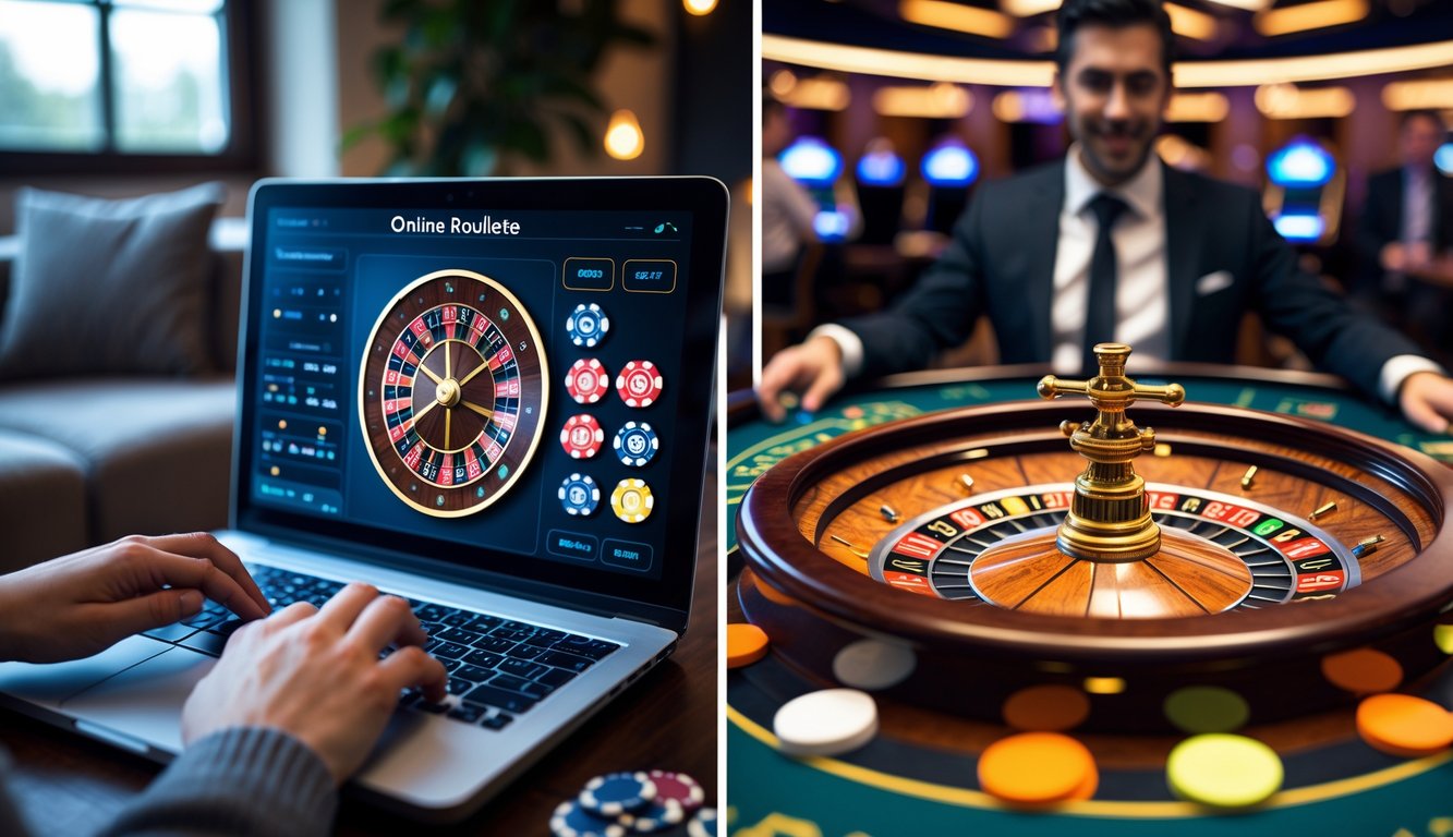 Sebuah gambar yang menunjukkan perbandingan antara bermain roulette online di rumah dengan roulette di kasino yang ramai.