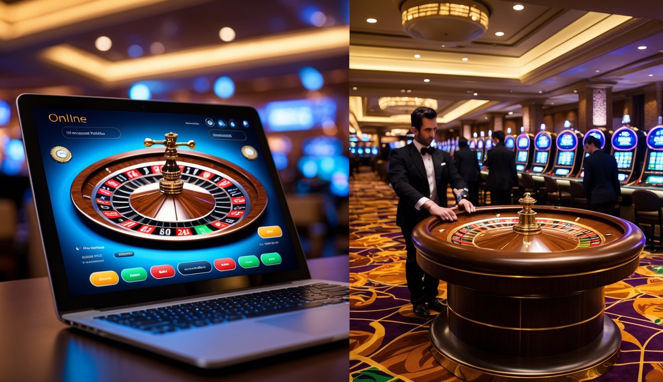 Pemandangan dua sisi yang membandingkan permainan roulette online di perangkat digital dengan meja roulette tradisional di kasino fisik, menampilkan suasana masing-masing tempat dan aktivitas pemain.