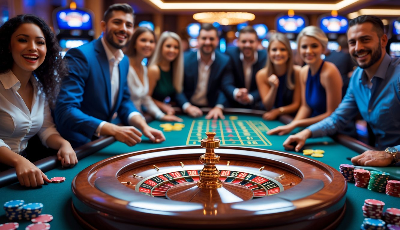 Meja roulette dengan pemain yang antusias di kasino yang ramai.
