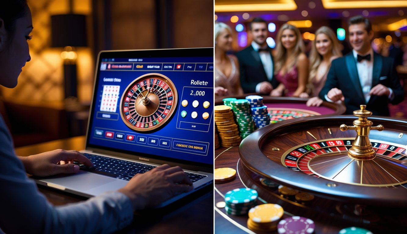 Seseorang bermain roulette online di laptop di rumah dan sekelompok orang bermain roulette di meja kasino yang ramai.