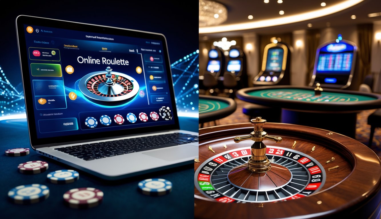 Gambar perbandingan antara permainan roulette online di layar laptop dan roulette kasino tradisional dengan meja dan roda roulette yang berputar.