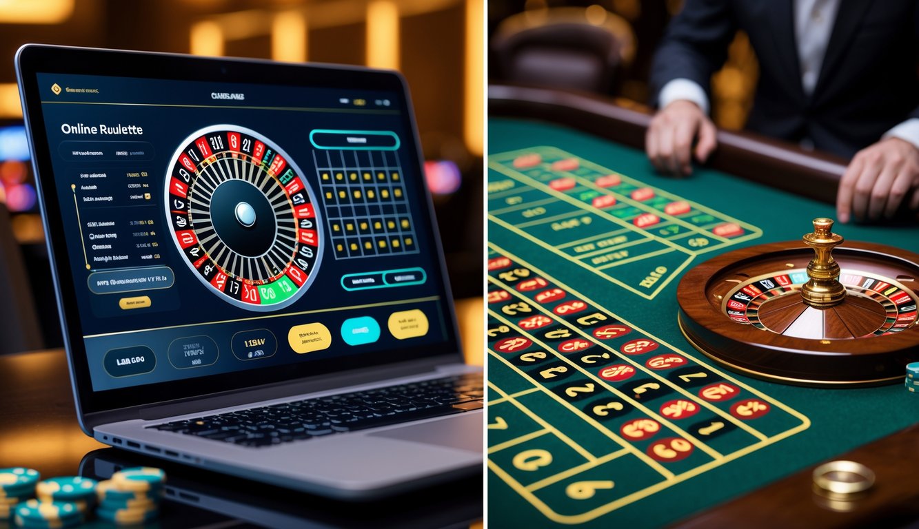 Gambaran perbedaan antara roulette online dengan roulette kasino, menampilkan layar laptop dengan permainan roulette online di satu sisi dan meja roulette kasino dengan roda dan chip fisik di sisi lain.