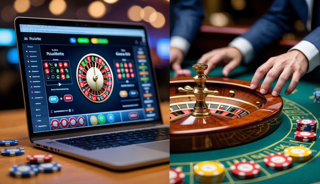 Perbandingan antara permainan roulette online di layar komputer dan roulette di meja kasino dengan roda dan chip fisik.