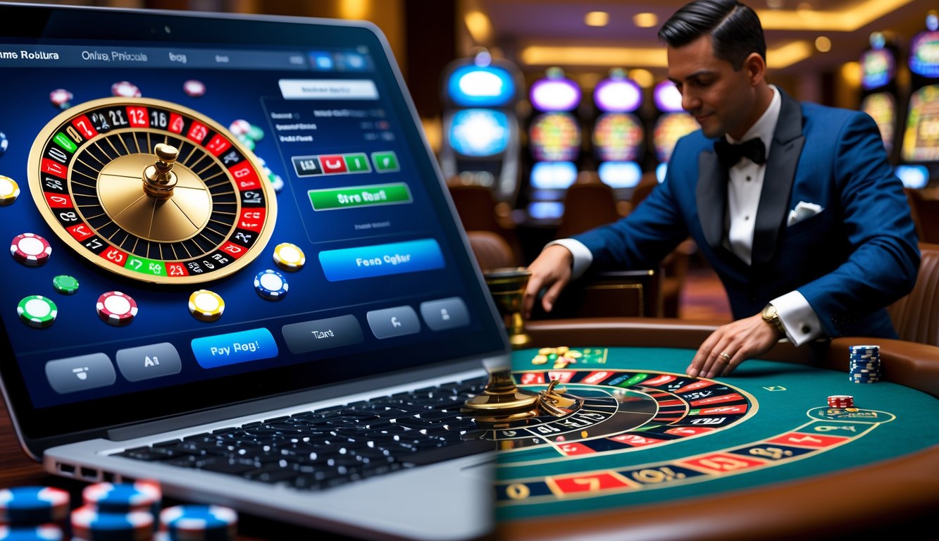 Perbandingan antara permainan roulette online di perangkat digital dan meja roulette di kasino fisik dengan dealer yang sedang bermain.