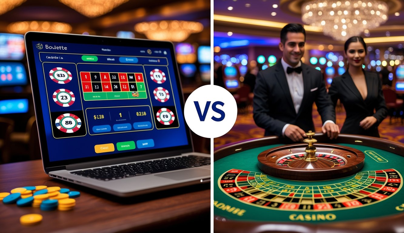 Gambaran perbandingan antara permainan roulette online di laptop dan meja roulette fisik di kasino dengan pemain yang sedang bertaruh.