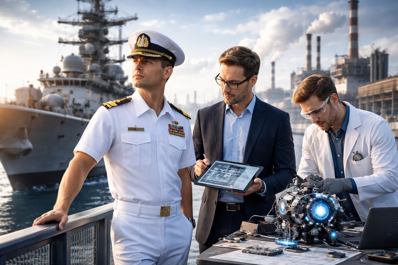 Un officier de marine, un stratège industriel et un inventeur travaillent ensemble sur un navire avec des équipements industriels et technologiques en arrière-plan.
