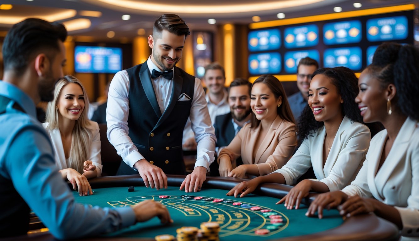 Seorang dealer profesional dan pemain yang bahagia sedang bermain di meja kasino langsung yang mewah dan modern.
